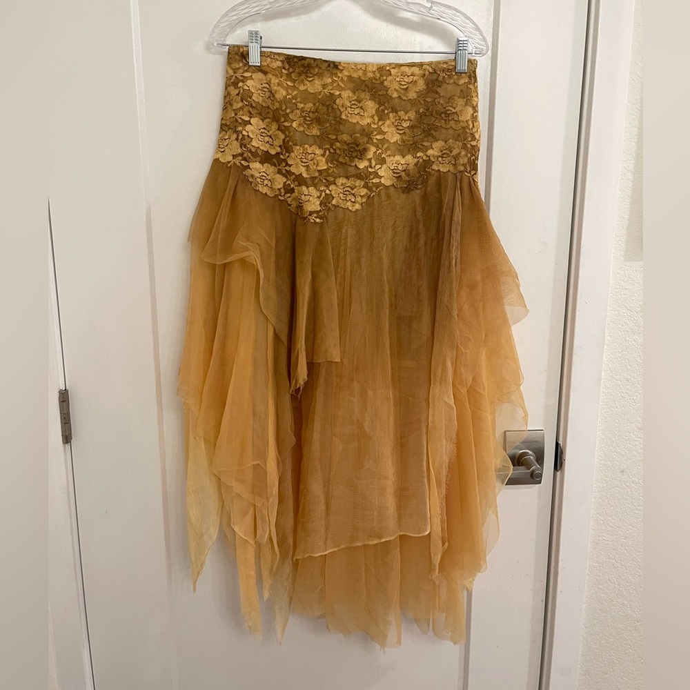 Free People Brenda Knight Fairycore Whimsey Mustard Gold LaceLayered Tulle Skirt